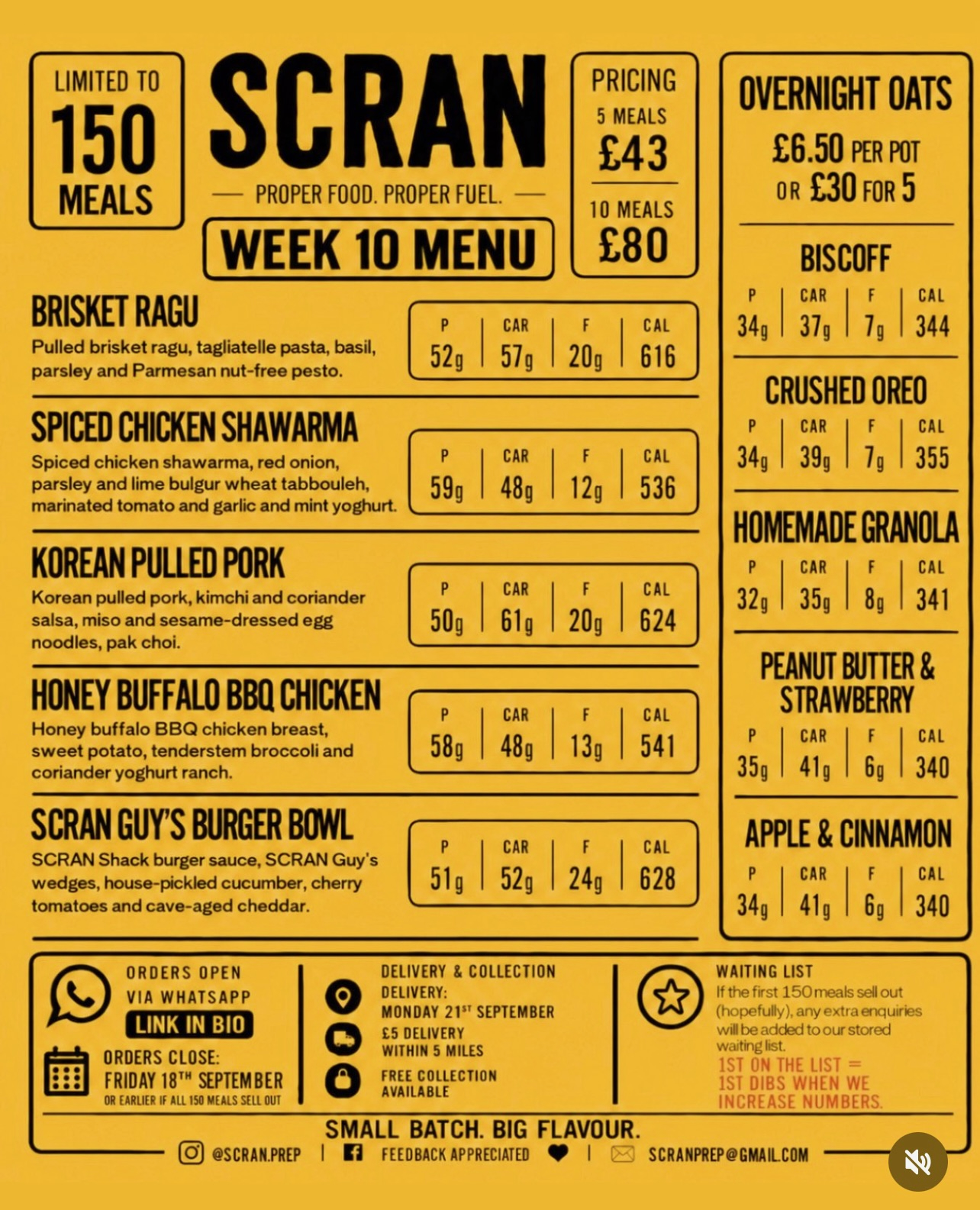 An example SCRAN Week 10 menu poster, with main meals and overnight oats